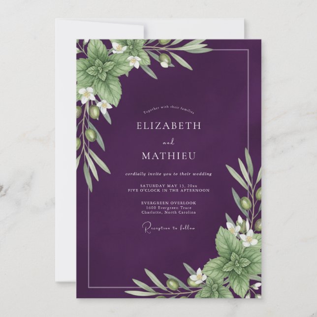 Convites Casamento com Oliva Eucalipto Roxo Fundo (Frente)