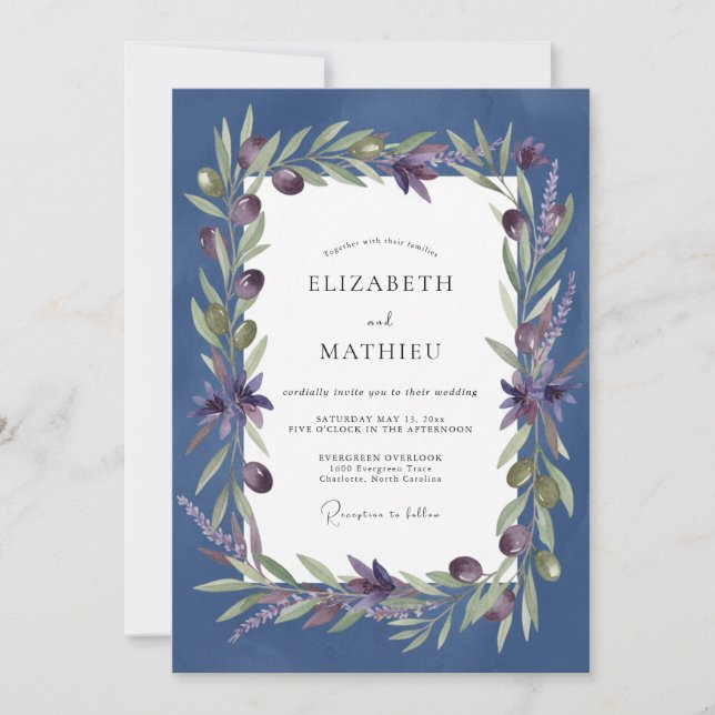 Convites Casamento com Oliva Lavanda Eucalipto Índigo (Frente)