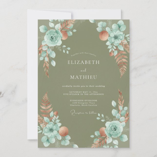 Convites Casamento com Olive Aqua Pampas Eucalipto (Frente)
