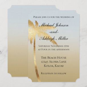 Convites Casamento com Ombre de Palmeira Azul Dourado