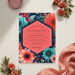Convites Casamento com Opulência Floral Turquesa