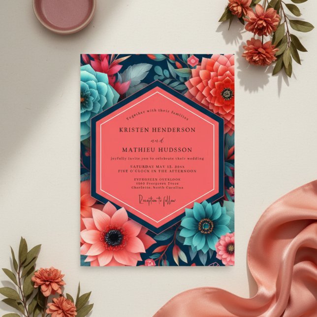 Convites Casamento com Opulência Floral Turquesa (Criador carregado)