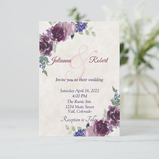 Convites Casamento com orçamento floral de aquarela roxa (Em pé/Frente)
