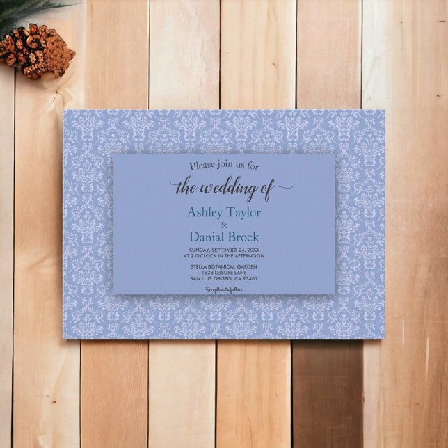 Convites Casamento com Ornamentado de Script Azul Damask Ma (Criador carregado)
