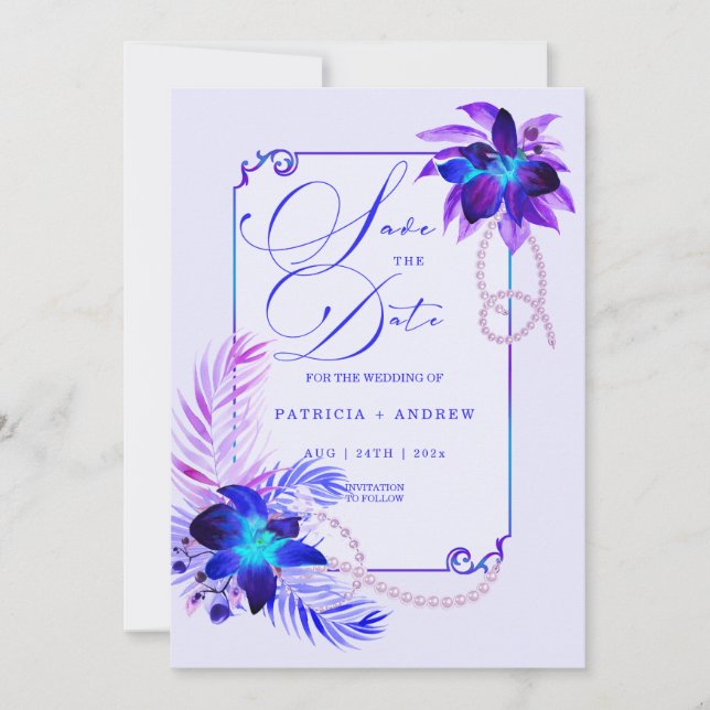 Convites Casamento com Orquídea Azul Roxo Salve a Data Conv (Frente)