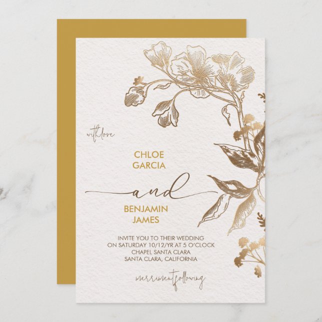 Convites Casamento com Orquídea de Ouro Elegante (Frente/Verso)