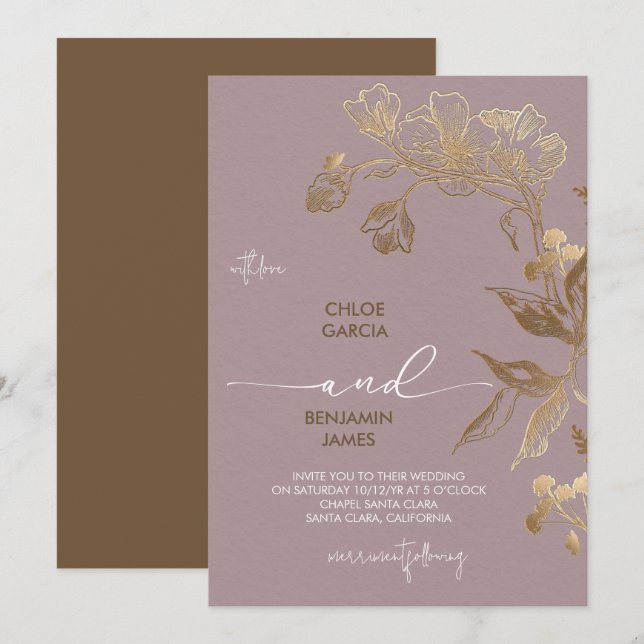 Convites Casamento com Orquídea de Ouro Elegante (Frente/Verso)