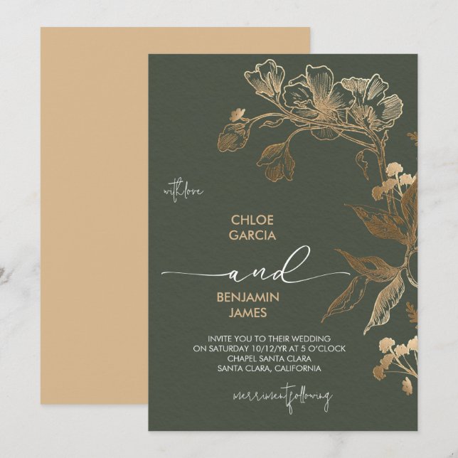 Convites Casamento com Orquídea de Ouro Elegante (Frente/Verso)