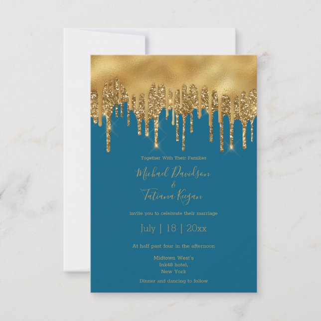 Convites casamento com ouro azul de luxo moderno (Frente)