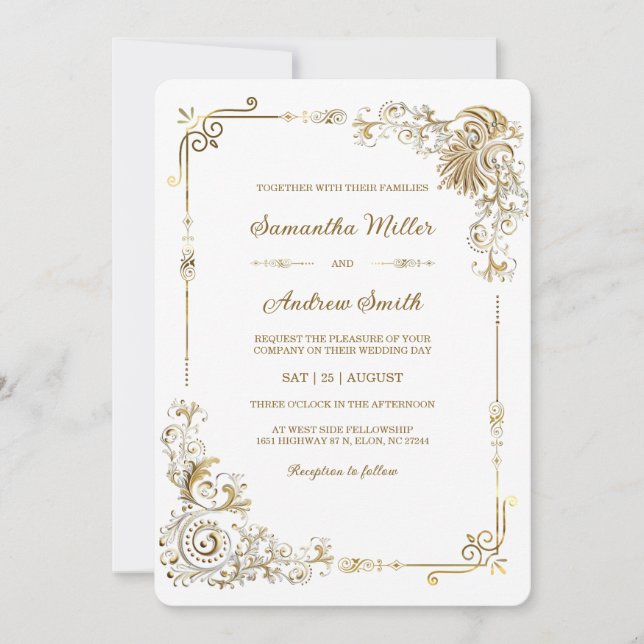 Convites Casamento com Ouro e Branco Editável (Frente)
