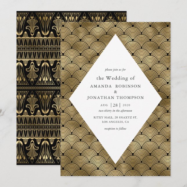 Convites Casamento com padrão Art Déco em preto e dourado (Frente/Verso)