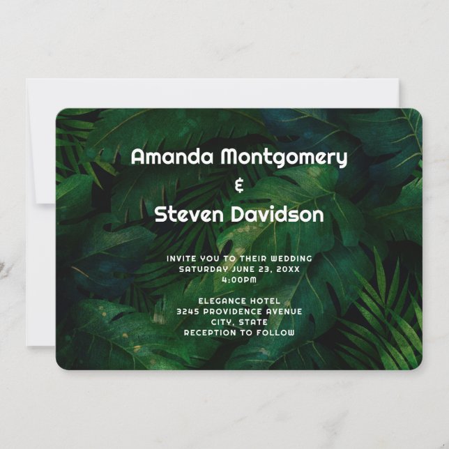 Convites Casamento com padrão de folhas tropicais verde esc (Frente)