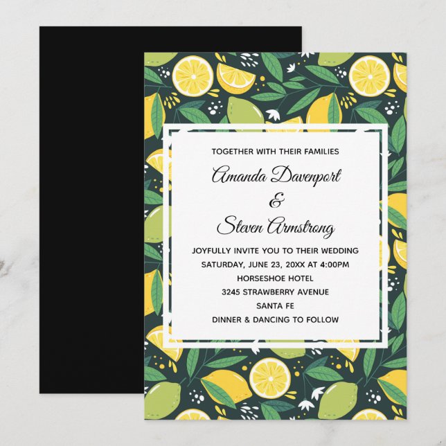 Convites Casamento com padrão de frutas limão amarelo e lim (Frente/Verso)