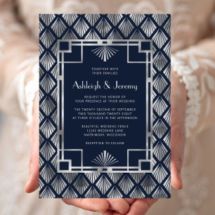 Convites Casamento com Padrão Deco Vintage Azul Naval Prate