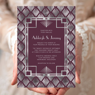 Convites Casamento com Padrão Deco Vintage em Prata e Borgo
