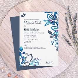 Convites Casamento com padrão floral azul e azul-cinzento