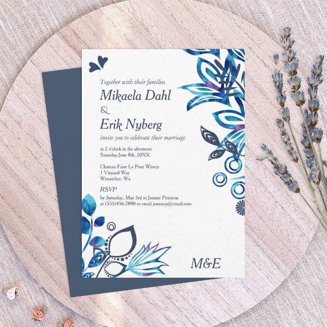 Convites Casamento com padrão floral azul e azul-cinzento (navy blue, light blue, and turquoise wedding invitations, winter blue wedding theme)