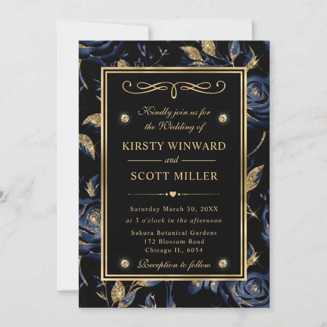 Convites Casamento com padrão floral de rosa azul marinho e (Frente)