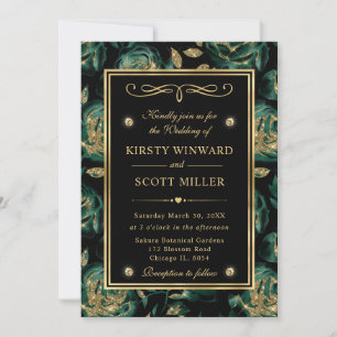 Convites Casamento com padrão floral de rosa verde e dourad