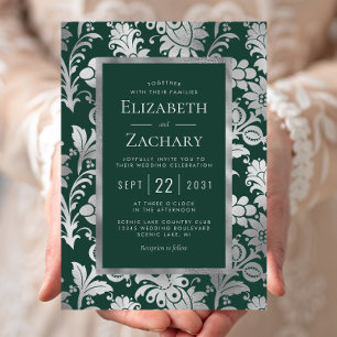 Convites Casamento com padrão floral prateado em verde esme