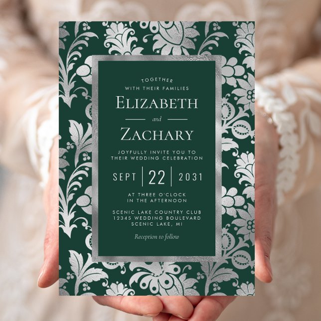 Convites Casamento com padrão floral prateado em verde esme (Criador carregado)