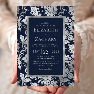 Convites Casamento com padrão floral vintage em azul naval 