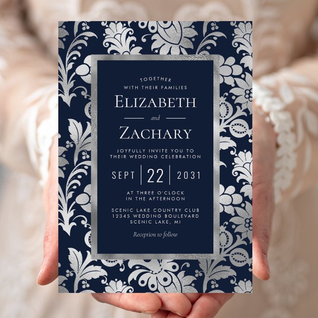 Convites Casamento com padrão floral vintage em azul naval  (Criador carregado)
