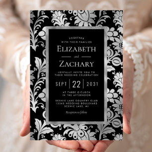 Convites Casamento com padrão floral vintage prata preto