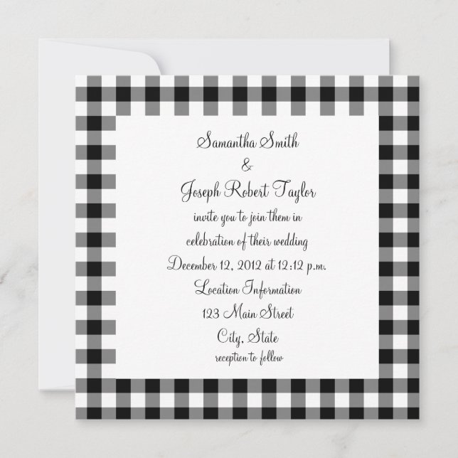 Convites Casamento com Padrão Xadrez Preto e Branco (Frente)