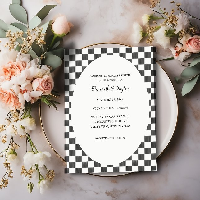 Convites Casamento com Padrão Xadrez Preto e Branco Pintado (Criador carregado)