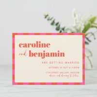 Casamento com padrão xadrez rosa e laranja ousado 