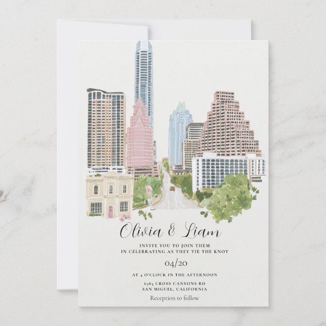 Convites Casamento com Paisagem Urbana de Austin Texas (Frente)