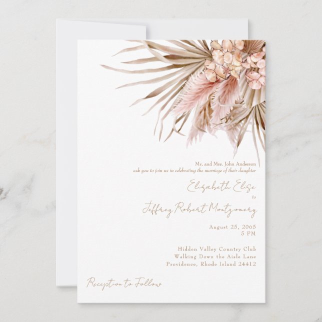 Convites Casamento com Pampas Desbotados em Aquarela Rosa (Frente)