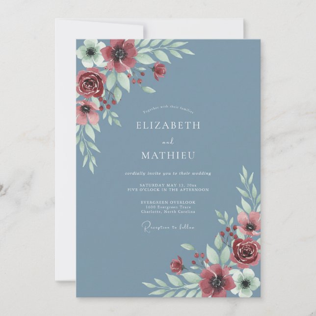Convites Casamento com Papoula Azul Aço (Frente)