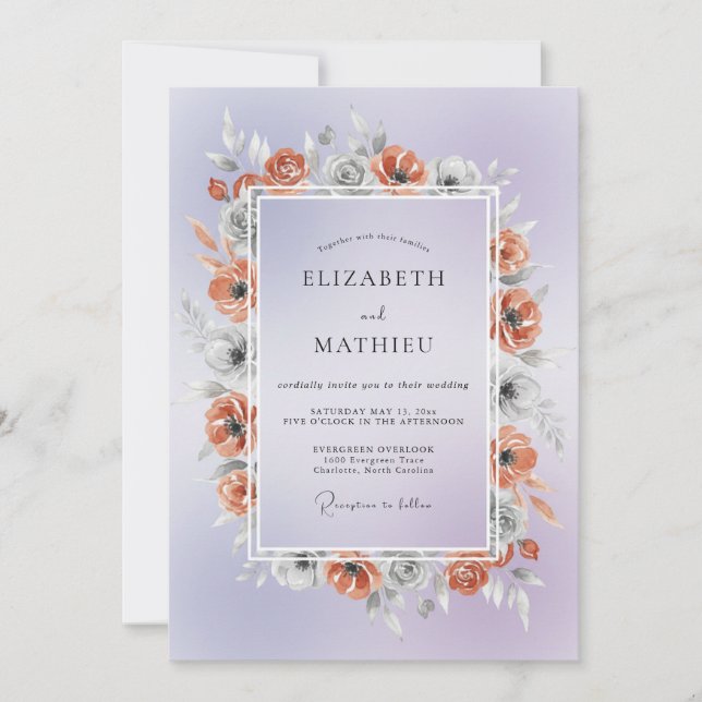 Convites Casamento com Papoula de Cobre e Periwinkle (Frente)