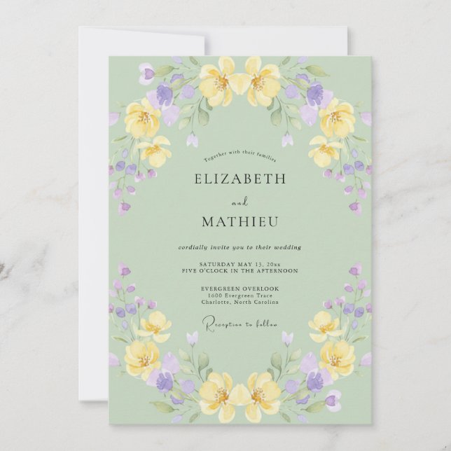 Convites Casamento com Papoula Lavanda Amarela Suave (Frente)
