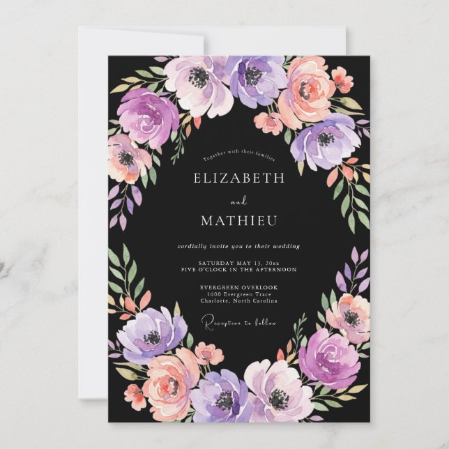 Convites Casamento com Papoula Lavanda Preta (Frente)