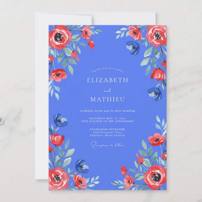 Convites Casamento com Papoula Vermelha e Azul-Pervinca (Frente)