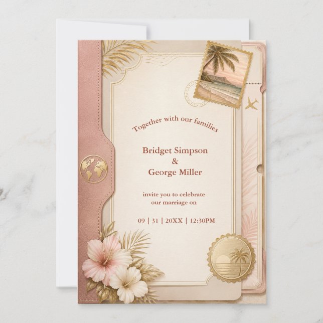 Convites Casamento com Passaporte Tropical em Beijo Dourado (Frente)