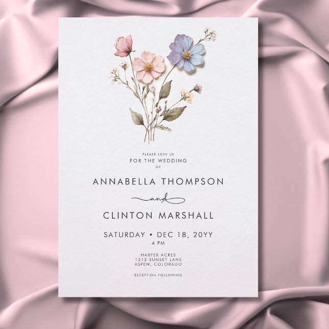 Convites Casamento com Pastel Selvagens Moderno Pressionado (Modern Pressed Pastel Wildflowers Wedding Invitation)