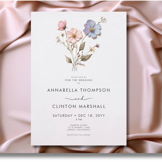 Convites Casamento com Pastel Selvagens Moderno Pressionado (Modern Pressed Pastel Wildflowers Wedding Invitation)