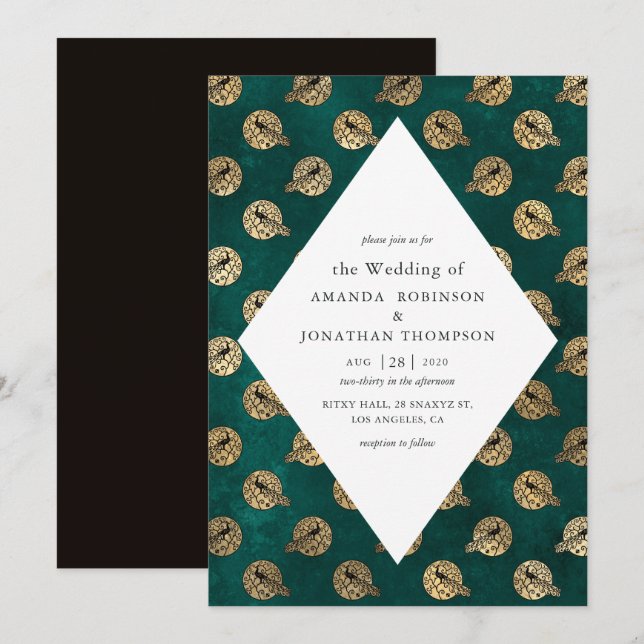 Convites Casamento com Pavão em Teal e Dourado Vintage Grun (Frente/Verso)