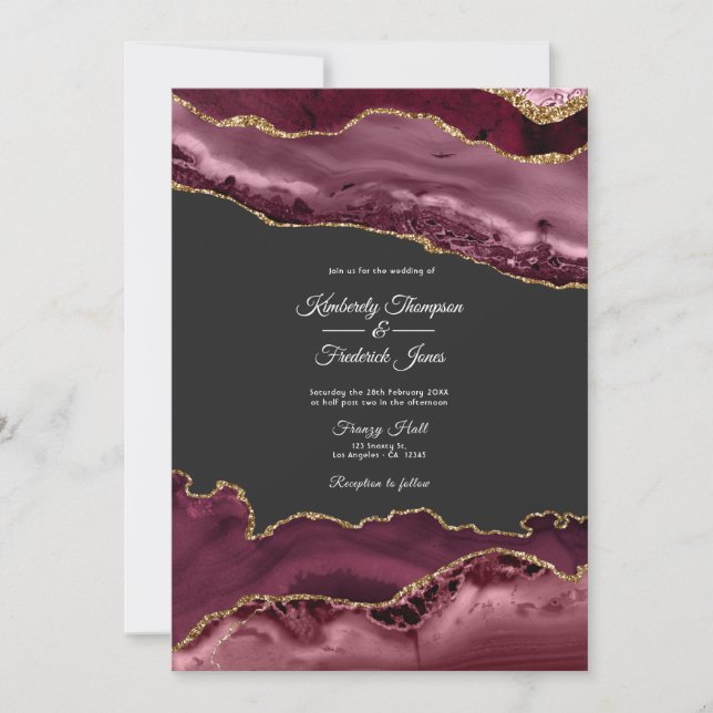 Convites Casamento com Pedra Ágata Burgundy e Dourado (Frente)