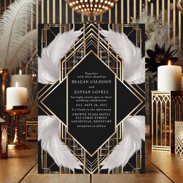 Convites Casamento com Pena Preto e Dourado Art Déco (Criador carregado)