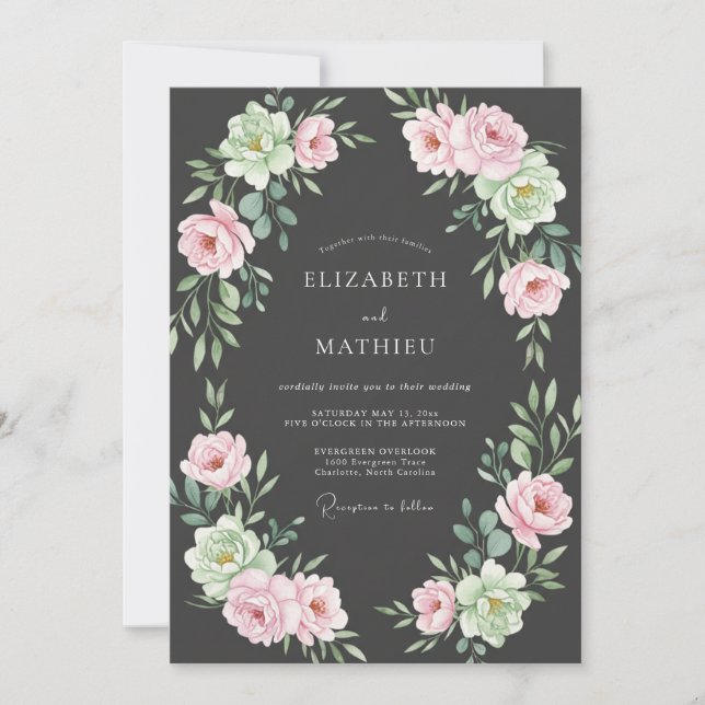 Convites Casamento com Peônia Blush Carvão (Frente)