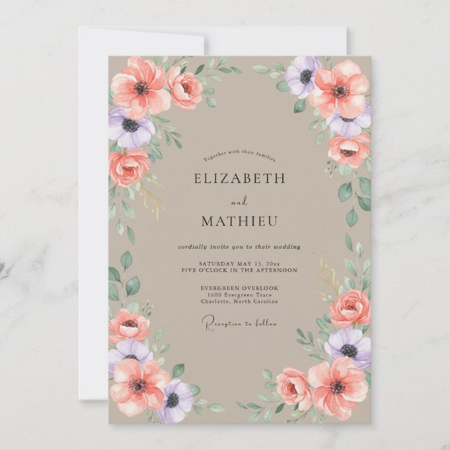 Convites Casamento com Peônia Coral Taupe (Frente)