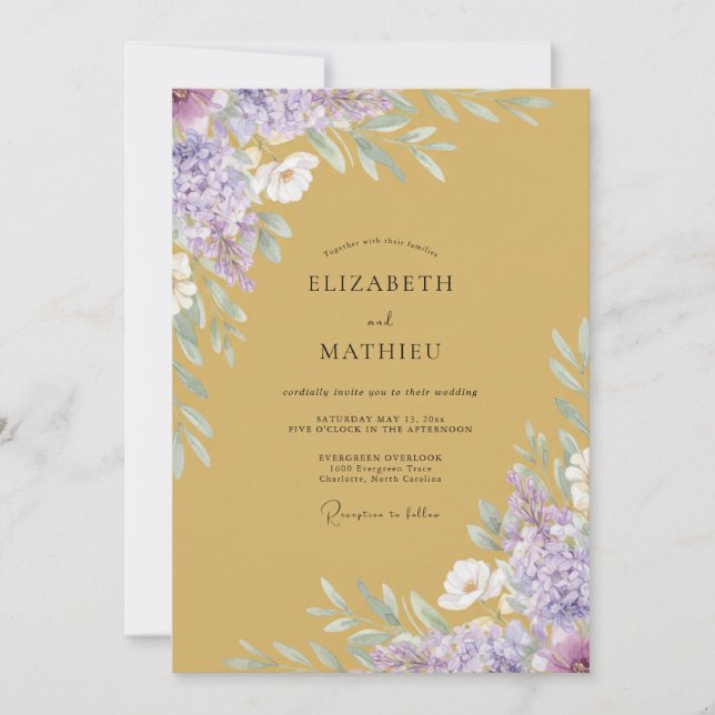 Convites Casamento com Peônia Lilás Ocre (Frente)