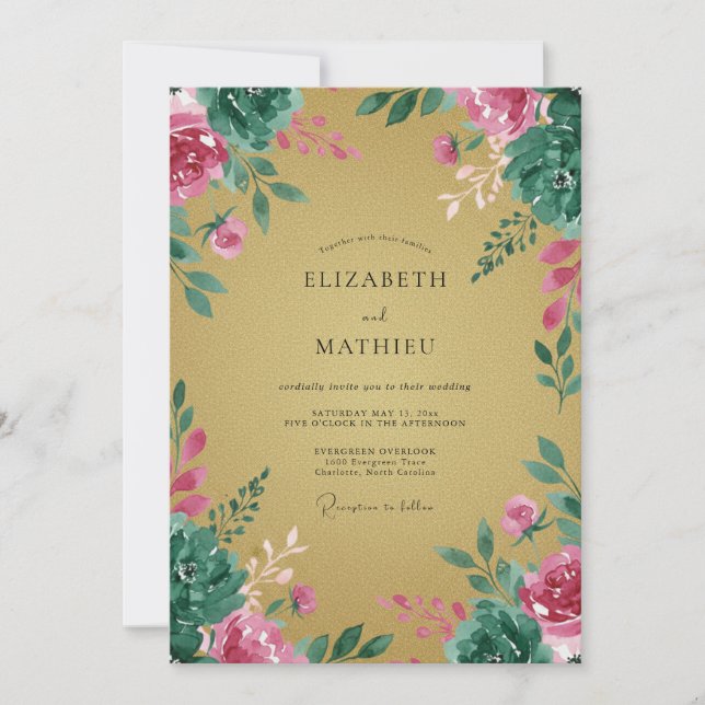 Convites Casamento com Peônia Magenta Ocre (Frente)
