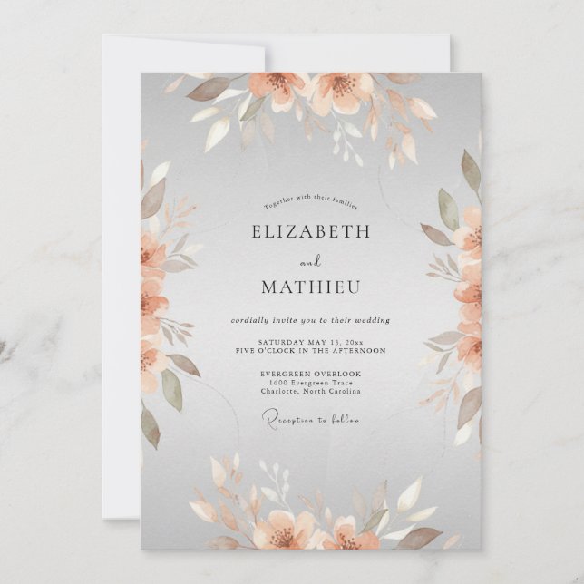 Convites Casamento com Peônia Prata Cobre (Frente)