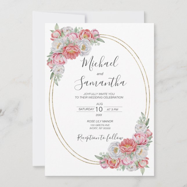 Convites Casamento com Peônia Rosa e Branca (Frente)